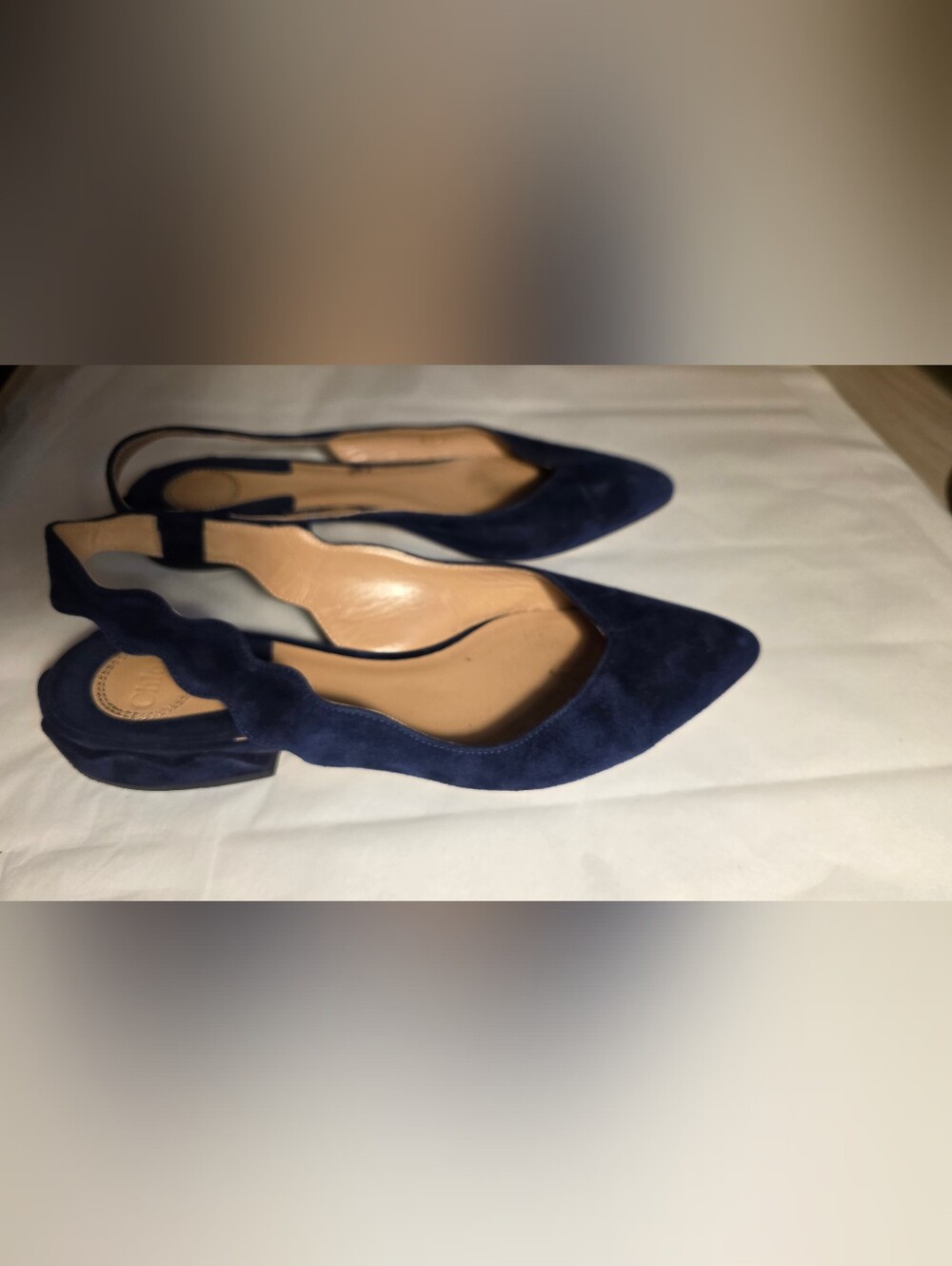 Chloé Laurena Navy Suede Scallop Slingback Flats EU 38.5 Pointed Toe Ballet Shoe - Picture 6 of 9